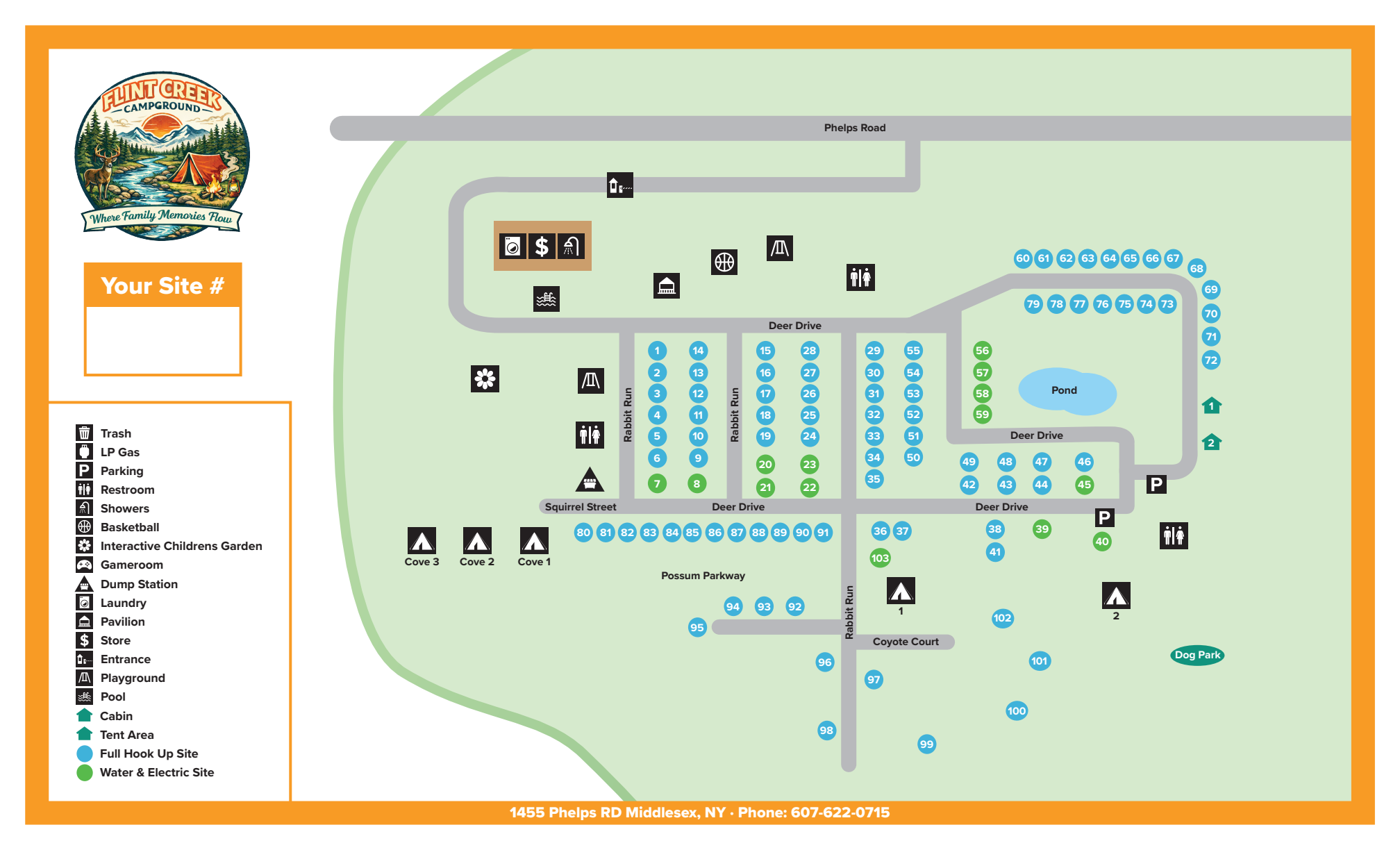 Flint Creek Campground map showing numbered campsites, roads, cabins, tent areas, pool, restrooms, playgrounds, store, dog park, and other facilities