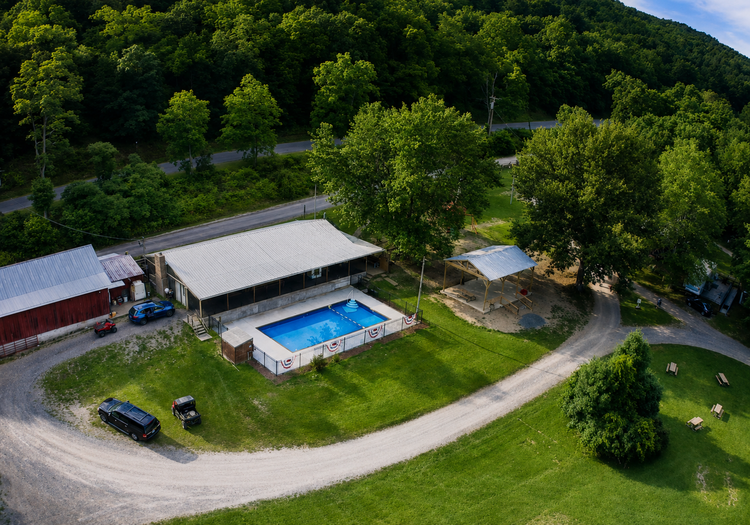 Aerial view of Flint Creek Campground and its central facilities