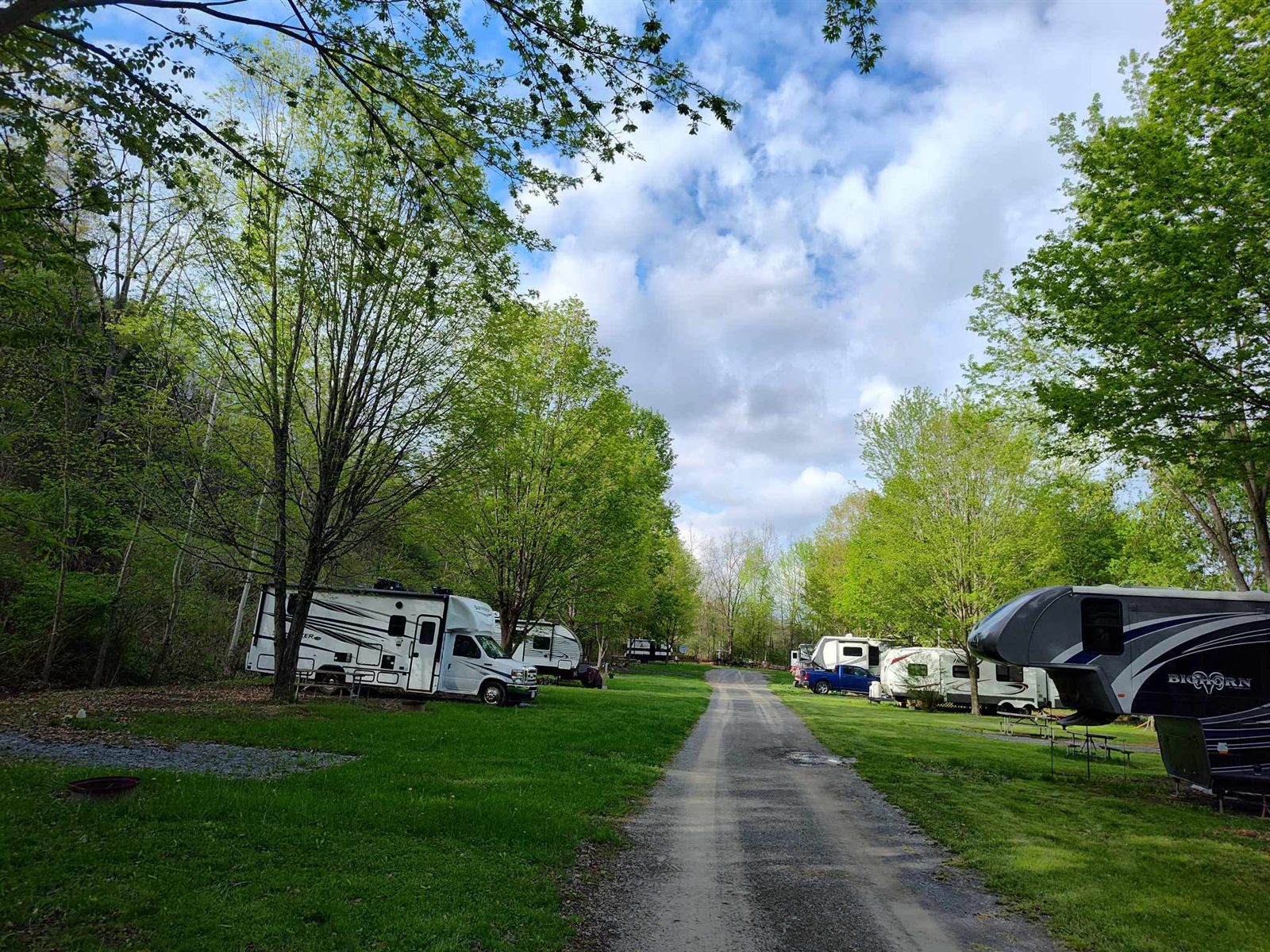 Tree-lined RV sites at Flint Creek Campground